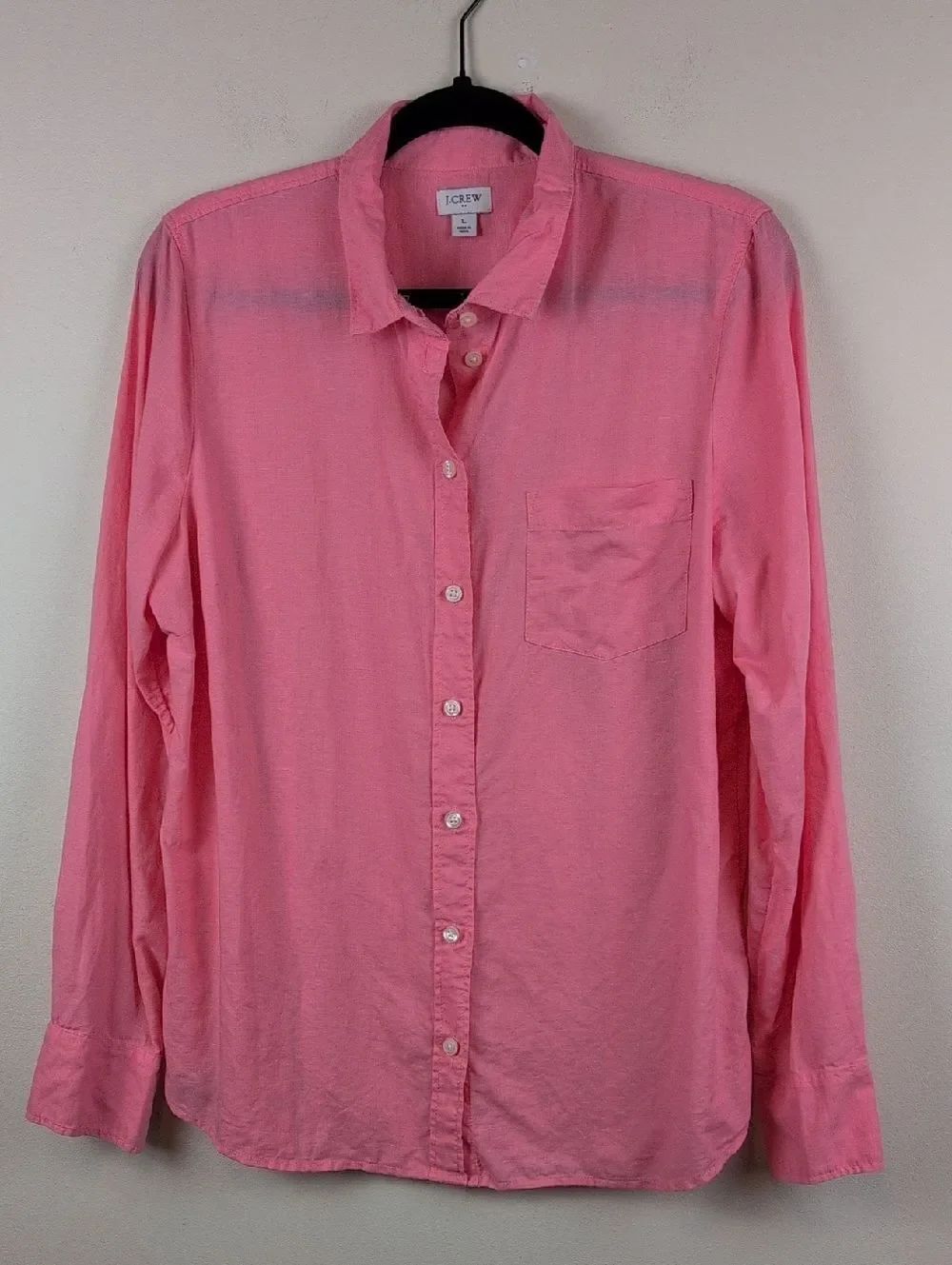 J. Crew Coral-Pink Button Front Long Sleeve Shirt Linen Cotton Top Size L